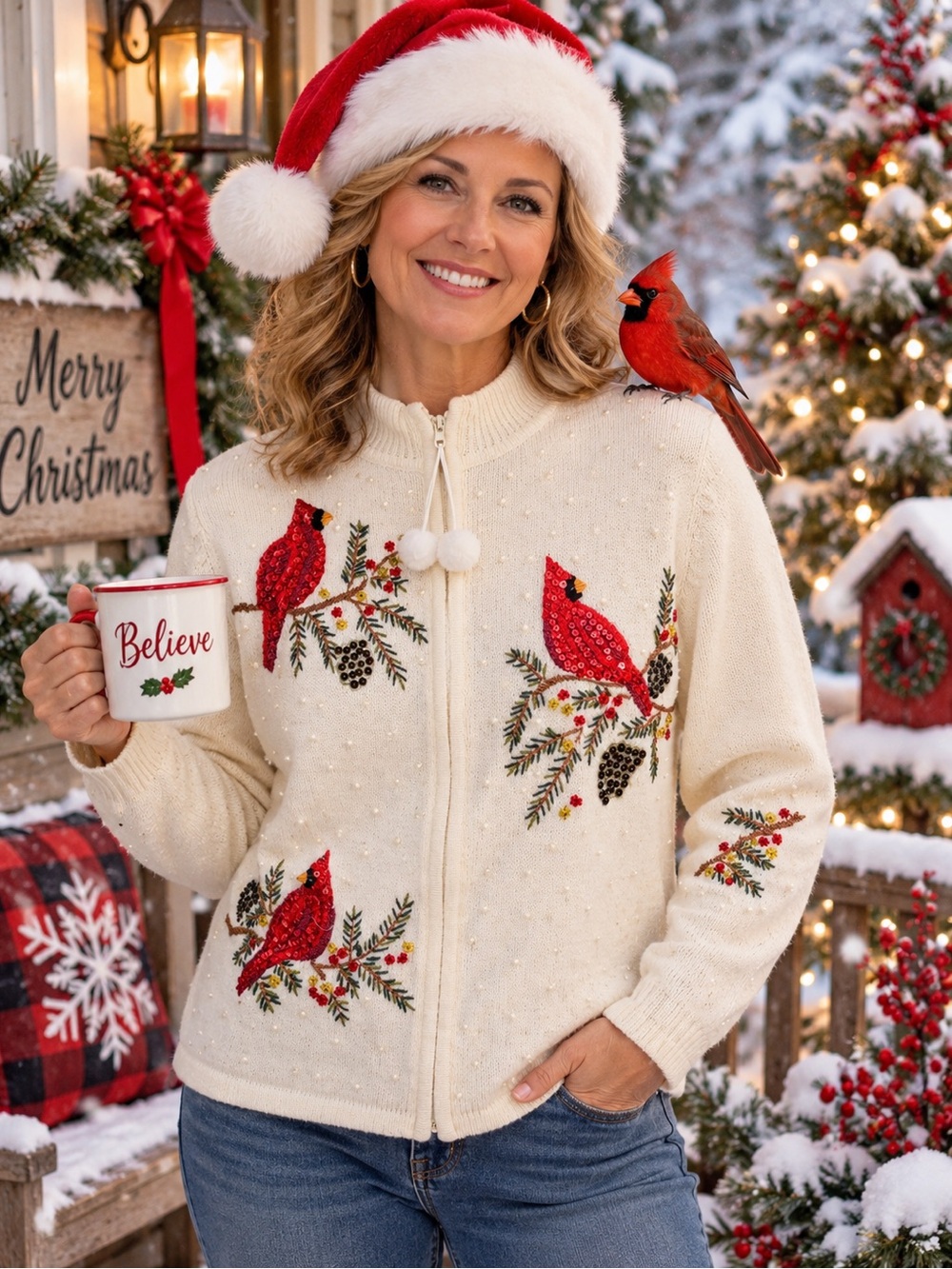 Vintage White Cardinal Embroidered Zip Cardigan Sweater Sequin Cardinal Sz L